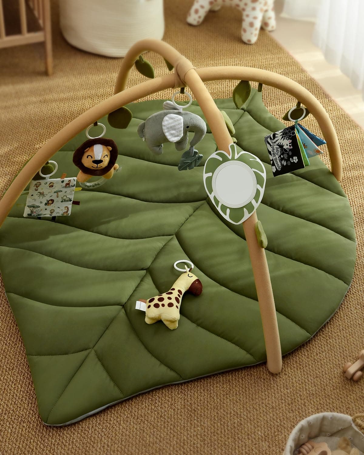 Blissful Diary Baby Play Gym & Activity Mat, Oversize Leaf Shaped Baby Play Mat w 6 Detachable Toys, Tummy Time Mat Promote Motor Skills & Sensory Development Mat, Newborn Infant Baby Essentials Gift thumbnail 2