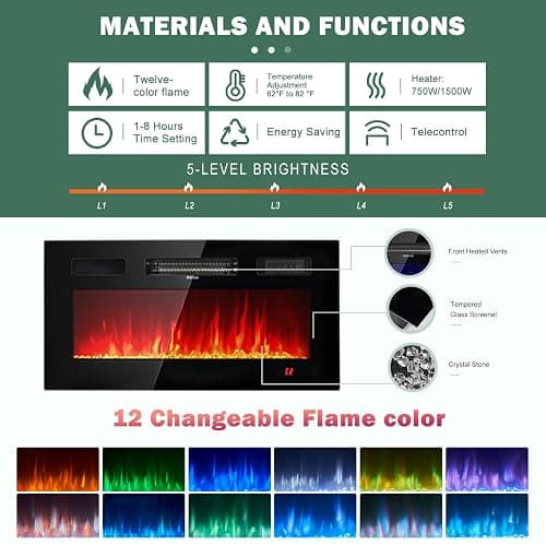oneinmil 2 Tier TV Console Stand with 36" Electric Fireplace, LED Light Entertainment Center for TVs Up to 80" for The Living Room, 70", Black thumbnail 5