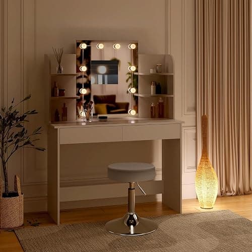 WOLTU Coiffeuse avec Miroir LED, Coiffeuse avec Tabouret Réglable en Hauteur, Table de Maquillage avec 2 Tiroirs 4 Étagères Ouvertes, 108x40x142cm, Bureau Coiffeuse Blanche en Bois, MB6106ws thumbnail 9