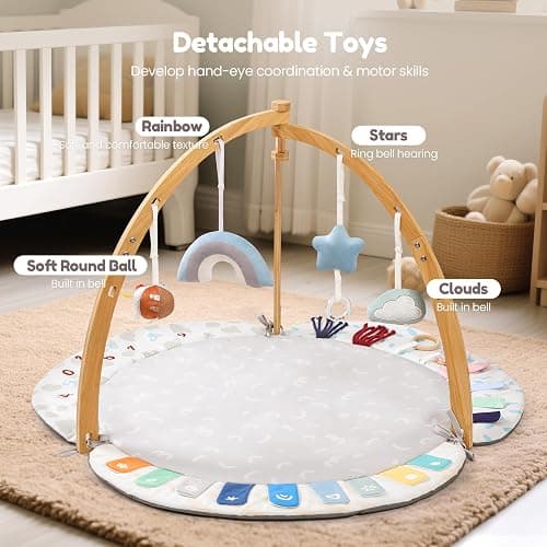 EXIN DECHEN Baby Play Gym & Activity Mat,Natural Organic Bamboo Frame with 4 Detachable Sensory Toys,Tummy Time Mat,Play Mat for Babies 0-6 Months,Newborn Play Mat,Baby Essentials Gifts thumbnail 4