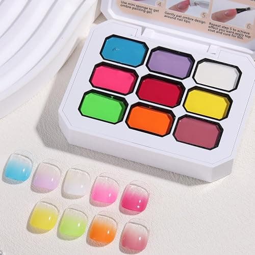 Fcozpjk Ombre Paint Nail Gel, 9 Colors Neon Gradient Patting Gel Polish with 50PCS Sponges Aura Nails Blush Flower French Tips Drawing Summer Hot Pink Green Blending Gels Manicure Palette UV/LED Cure thumbnail 3