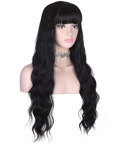 AMZCOS Long Wavy Black Wig with Bangs for Women Heat Resistant Synthetic Hair Wigs for Daily Use(Black) thumbnail 3