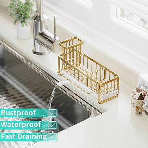 HapiRm Sponge Holder for Kitchen Sink - Self-draining Sink Caddy with Brush Holder and Dishcloth Holder, Stainless Steel Kitchen Organizer for Countertop - Gold thumbnail 5