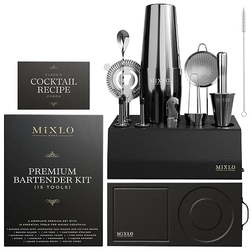 MIXLO HOME Mixology Bartender Kit - 15Pcs Bar Set Cocktail Shaker Set w Black Bar Cart Accessories Stand - Shakers Bartending Gun Metal Black Tools, 24oz Shaker, 17 Recipe Cards, Martini Barware thumbnail 8