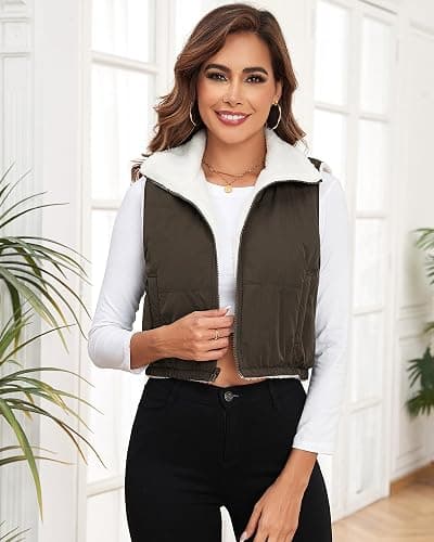 ZAFUL Women's 2024 Fleece Cropped Vest Sleeveless Zip Up Reversible Lightweight Jacket Sherpa Winter Puffer Coat Outerwear thumbnail 2