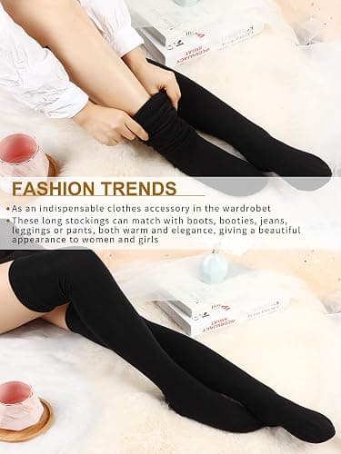SATINIOR 3 Pairs Thigh High Socks Cotton Over Knee Socks Knit Long Boot Stocking, Black, Medium thumbnail 5