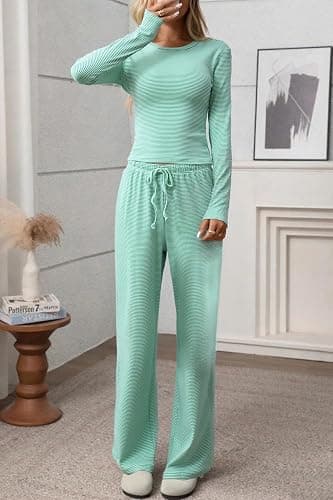 CHYRII Womens Two Piece Sets Fall Fashion Striped Long Sleeve Tops Wide Leg Palazzo Pants Outfits Loung Sets thumbnail 2