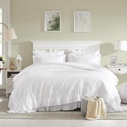 Cupocupa White Queen Comforter Set, 3Pcs Ruffle Comforters Queen/Full Size Farmhouse Bedding Sets with Comforter, Lightweight Fluffy Soft Shabby Chic Bedding Comforter Sets thumbnail 2
