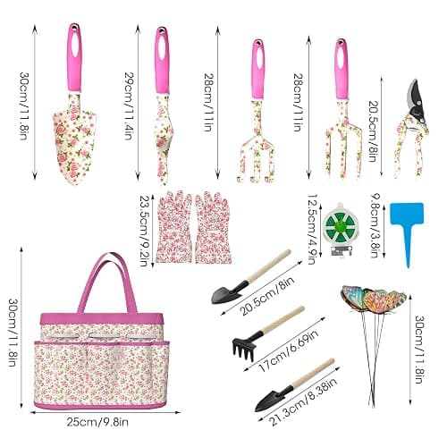 MYMULIKE Gardening Tools for Women, 26 Pieces Garden Tools Set, Gardening Gift Set with Storage Bag, Gloves,Gardening Supplies- Butterfly Decors and Colorful Planting Tags Included thumbnail 3