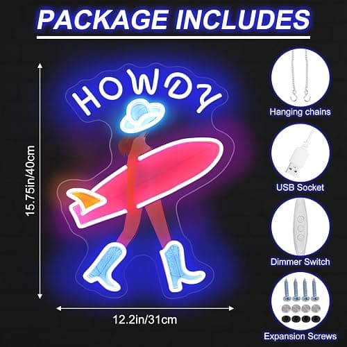 Howdy and Aloha Cowgirl Surf Girl Neon Sign, Howdy Cowgirl wall decor LED Light, Girly Wall Art Neon Sign, Coastal Cowgirl Brown Haired, 11.9"x16.5" thumbnail 2