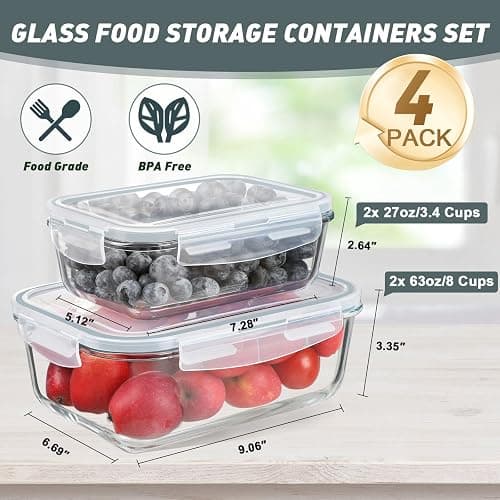 KOMUEE 4 Pack 63oz+27oz Large Glass Food Storage Containers Set with Airtight Lids, BPA-Free, Meal Prep Containers for Storing, Freezer, Microwave and Oven Safe thumbnail 3