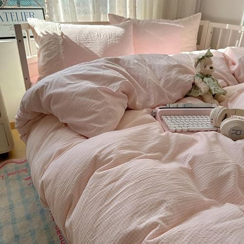 VM VOUGEMARKET Pink Full Duvet Cover Set 3 Pieces Lace Bedding Set Simple Cozy Plaid Checkered Comforter Cover with Zipper Ties for Teen Girls thumbnail 5
