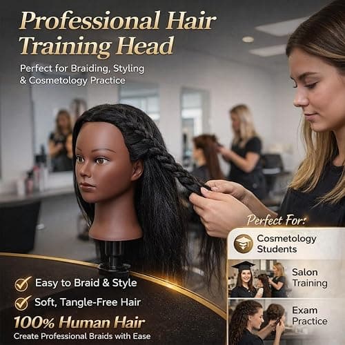 Mannequin Head Human Hair 16 Inch, 100% Real Human Hair Cosmetology Mannequin Head with Clamp Stand, Professional Hair Manikin Doll Head for Braiding, Styling & Hairdresser Training (Black-16inch) thumbnail 4