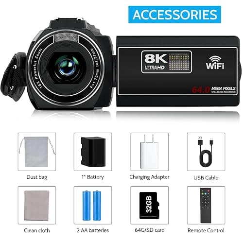 Video Camera 8K Camcorder, 64MP IR Night Vision Vlogging Camera for YouTube | WiFi, 18X Digital Zoom, 3.0 Inch Touch Screen, Microphone, Lens Hood, 64GB SD Card, Remote Control, 4500mAh Battery thumbnail 8