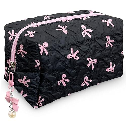 Trnerm Small Makeup Bag - Coquette Pink Bows Black Make Up Quilted Pouch, Cute Organizer for Cosmetic,Travel,Toiletry - Image 1