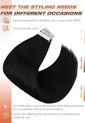 Sunny Hair Tape in Hair Extensions Real Human Hair Invisible Remy Hair Extensions Tape ins for Women Jet Black 20 inch 20Pcs 50G - 20 Inch - Remy 1-#1 Jet Black thumbnail 4