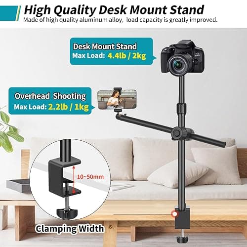 Camera Desk Mount Webcam Stand with Overhead Articulating Magic Boom Arm 1/4" Ball Head for DSLR Tripod, Adjustable Light Stand, Tabletop C Clamp for Ring Light Photo Video Shooting Live Streaming thumbnail 7