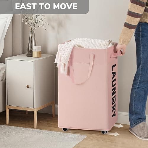 Goodpick Pink Laundry Basket with Wheels, Dorm Room Essentials for Girls, 75L Collapsible Laundry Basket, Laundry Hamper with Handle for College Dorm thumbnail 5