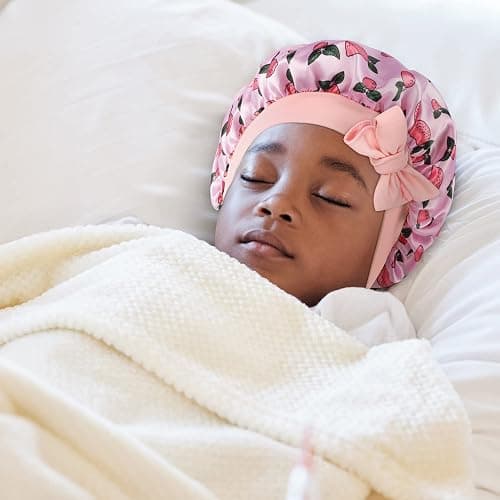 WEIPAO Kids Satin Bonnet - 3 Packs Baby Bonnet for Curly Hair Silk Sleep Cap with Adjustable Elasticated Soft Band for Child Toddler Baby - Purple+Light Pink+Yellow thumbnail 5