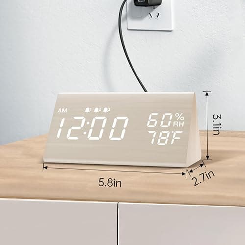 Digital Alarm Clock, with Wooden Electronic LED Time Display, 3 Alarm Settings, Humidity & Temperature Detect, Wood Made Electric Clocks for Bedroom, Bedside, Desk, White - White thumbnail 8