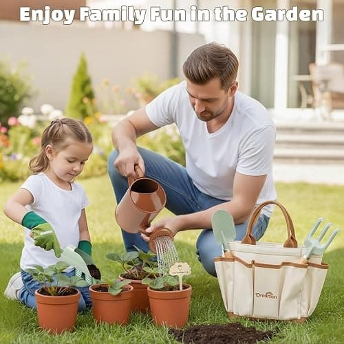 Dreamon Gardening Set Toys for Kids, Quality Garden Tool Kit Includes Tote Bag, Gloves, Shovel, Rake, Cultivator, Watering Can, STEM Learning Outdoor Gifts for Kids Toddlers thumbnail 2