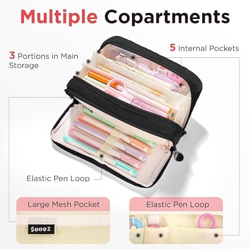 Sooez Large Pencil Case Pouch, Extra Big Pencil Bag with 8 Compartments, Pen Bag Wide Opening, Soft Quilted Pencil Pouch Organizer with Zipper, Portable Pencil Case for Teen Girls, Black thumbnail 5