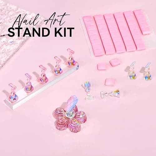 Makartt Nail Stand for Press On Nails Display Practice Art Magnetic Fake Nail Holder for Painting Nails Stand for False Nail Designs with Reusable Putty for Home DIY Beginner Salon Supplies - Aurora Clear+Pink thumbnail 2