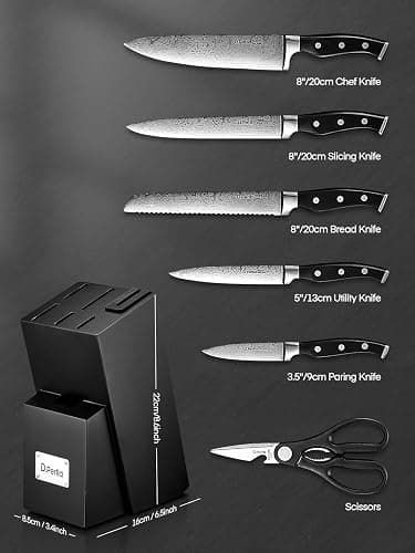 D.Perlla Knife Set, 7 Pieces Kitchen Knife Set with Self Sharpening Wooden Block, German Stainless Steel Knife Block Set with Triple Riveted Ergonomic Handle, Black thumbnail 3