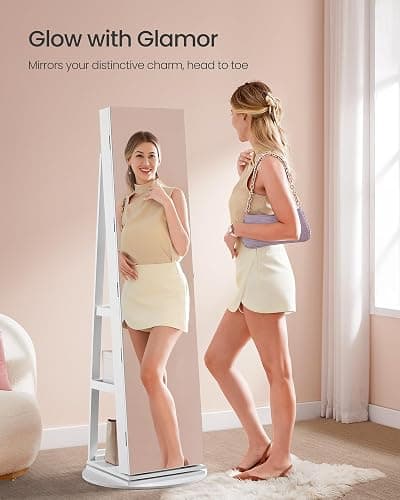 SONGMICS 6 LEDs Lockable Mirror Jewelry Cabinet, 360° Swivel Jewelry Organizer Armoire Standing, Frameless Full-Length Mirror, 3 Storage Shelves, White Surface, Greige Lining UJJC007W02V1 thumbnail 2