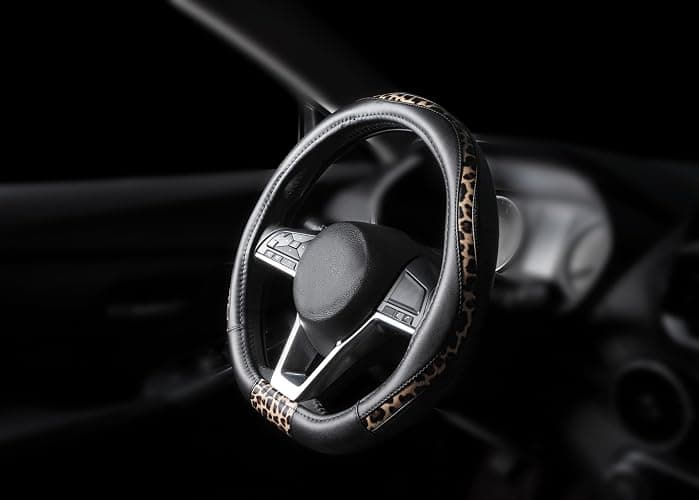 Road Comforts Steering Wheel Cover - Flat Bottom Wheel Cover Made with PVC Leather and Leopard Fabric - Universal Fit for 15-Inch D-Shaped Automotive Steering Wheels (Black Color) thumbnail 6