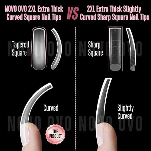 NOVO OVO Curved Nail Tips Press on Full Cover, Extra Curve Square Gel x Thick Long XL XXL Acrylic Fake Nails Extension kit, Clear Pre-etched Soft French False Nail 12 Sizes 240pc (QUEEN SQUARE PRO) - XXL QUEEN SQUARE PRO thumbnail 3