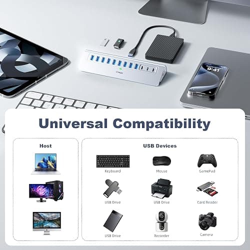 Powered USB Hub 10Gbps, intpw 12-Port USB 3.2 Hub with USB A/USB C 3.2, 7 USB 3.0, 2 PD 45W Charging Port, 65W Power Adapter and 5FT Cable, Aluminum USB Hub for Laptop, iPhone 17/16/15/PC thumbnail 7