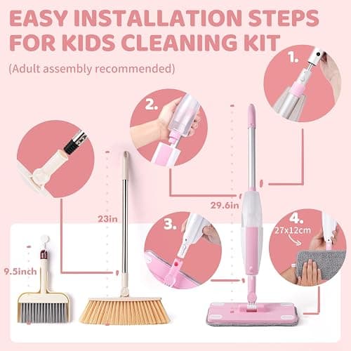 Lullulii Kids Spray Mop,Toddler Mop Cleaning Set, Real Working Mini Mop & Kids Broom Dustpan Set, Housekeeping Pretend Play Toy, Montessori Kid Cleaning Toy Set Includes Organizer Clip -Pink thumbnail 3