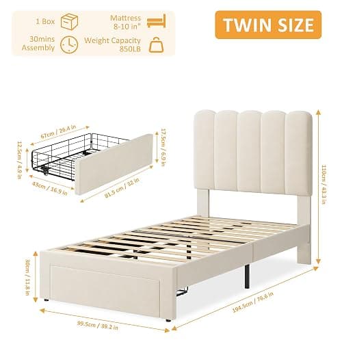 IDEALHOUSE Twin Bed Frame with Storage Drawer and Headboard, Velvet Upholstered Twin Platform Bed Frame for Girls, Strong Wooden Slats Support, Noise-Free, Easy Assembly (Beige) thumbnail 2