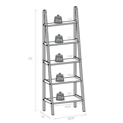 Casual Home 100% Solid Wood 5-Shelf Ladder Bookcase, 24.75"W x 16"D x 72"H, White, 5-Tier Freestanding Ladder Shelf thumbnail 3