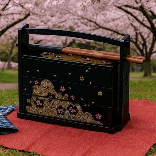 JapanBargain 1951, Made in Japan Three-Tier Japanese Lunch Bento Box with Chopsticks, Lacquered Sakura Cherry Blossom Design thumbnail 7