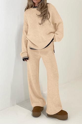 PRETTYGARDEN Women's 2 Piece Knit Sweater Outfit Casual Long Sleeve Pullover Wide Leg Pants Tracksuit Loungewear Set thumbnail 8