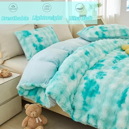SUCSES Fluffy Comforter Cover Set Queen Size 3 Pieces Tie Dye Faux Fur Duvet Cover Set Warm Soft Luxury Velvet Girls Bedding Sets for Boys Room Decor(Tie Dye Aqua, Queen) thumbnail 4