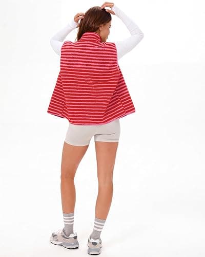 Gacaky Women's Sherpa Fleece Striped Vest Stand Collar Sleeveless Jacket | Gentle Skin Feel, Full Zip, Front Chest Pocket, Fall Winter Clothing, Cute Y2k Striped Vest, Seamless Daily Outfit Match thumbnail 8