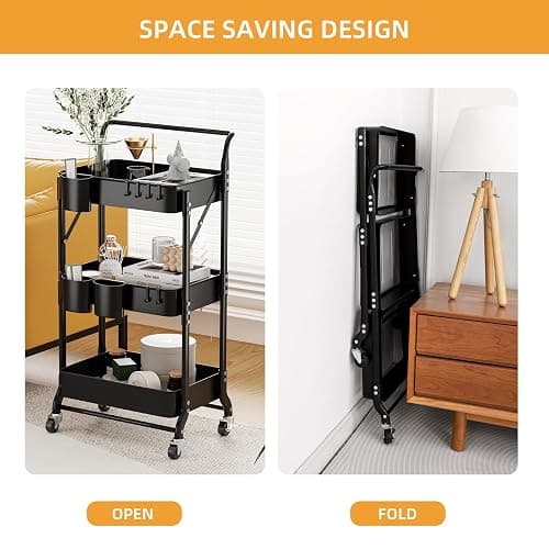 3 Tier Foldable Rolling Cart with Wheels, Folding Utility Cart Organizer, Collapsible Rolling Storage Cart with 3 Hanging Cups & 6 Hooks for Kitchen, Office, Nursery(Black) thumbnail 5