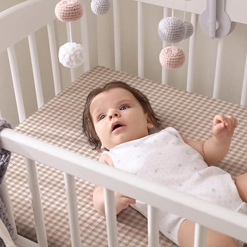 Breling 2 Pcs Muslin Khaki and Khaki Gingham Crib Sheets Netural, 52"X 28" | Soft Breathable Brown Plaid 100% Cotton Baby Standard Mattress Cover, Fitted for Girl Boy Nursery Mattress, Washable thumbnail 2