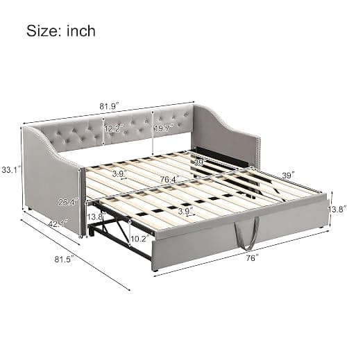 Girls guest GOTwin Size Upholstered Daybed with Pop Up Trundle, Twin to King Size Day Bed, Trundle Can Be Flat Or Erected, Extendable Daybd(Gray-DB) - Gray-db thumbnail 3