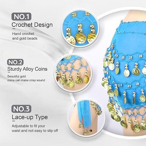 COSICS Belly Dance Hip Scarf, Women's Chiffon Belly Dancing Scarf with 128 Coins for Yoga Class thumbnail 5