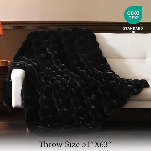 BENVWE Faux Fur Throw Blanket for Couch - Thickened Fluffy Soft Bubble Blanket for Living Room Home Decor - Fathers Day Birthday Gifts for Women Men, Black, 50" x 60",1300GSM thumbnail 3
