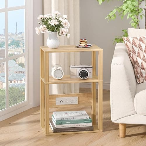YUFAM 3 Tier Small Narrow Bamboo Side Table Set of 2 with Charging Station - Skinny Nightstand for Small Spaces, Slim Bedside Table with USB Ports and Outlets - Thin End Table with Storage, Natural thumbnail 7
