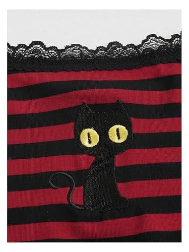SOLY HUX Women's Y2k Lace Striped Cami Crop Cat Embroidery Gothic Tops | Goth Grunge, Spaghetti Strap, Cat Embroidery, Camisole, Going Out, Casual Wear, Slim Fit thumbnail 4