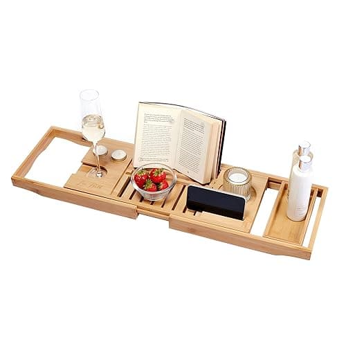 Lux Bath Extendable Bath Caddy | Hands-free Bath Tray to Safely Hold Your Tablet, Phone, Wine Glass and Candles | Fits Any Standard Bath | Non-slip, Water-resistant, and Made from Natural Bamboo thumbnail 6