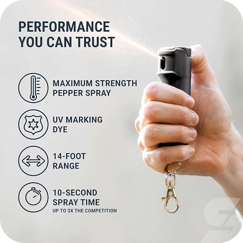 SABRE Pepper Spray with Fast Flip Top Safety & Snap‑Clip Keychain for Self Defense - Maximum Police Strength OC with UV Marking Dye, Finger Grip, 10‑Sec. Spray, 14-ft Range, Made in USA, 0.54 fl oz thumbnail 4