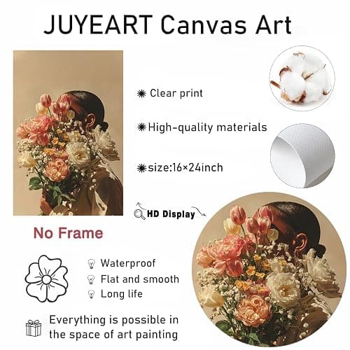 Black Woman Canvas Wall Art Elegant Black Girl Canvas Art 16x24in Unframed | African American Women Wall Decor, African American Woman With Flowers Painting Artwork For Living Room Bedroom Dorm thumbnail 7