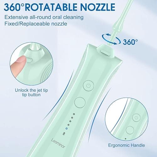 Leominor Water Flosser - 5 Modes Cordless Portable Oral Irrigator, IPX7 Waterproof, Rechargeable Teeth Cleaner Professional Flossing Cleaning Pick for Home Travel (Green) thumbnail 6